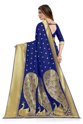 Blue Woven Silk Blend Saree With Blouse 2