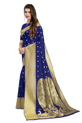 Blue Woven Silk Blend Saree With Blouse 3