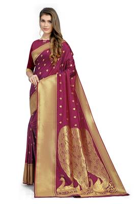 Maroon woven silk saree with blouse 3