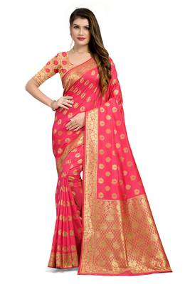 Pink Woven Silk Blend Saree With Blouse 1