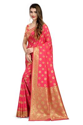 Pink Woven Silk Blend Saree With Blouse 3