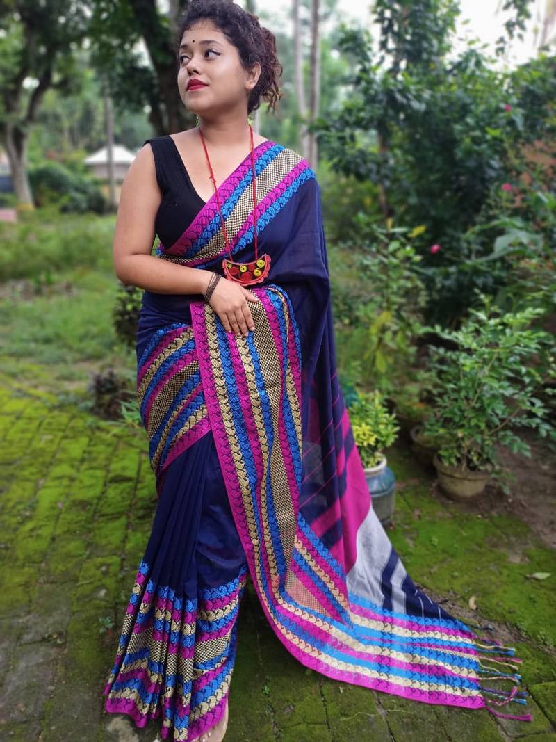 Exclusive Khadi Cotton Handloom Jamdani Broad Border Striped Pallu