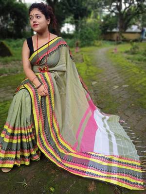 Exclusive Khadi Cotton Handloom Jamdani Broad Border Striped Pallu 1