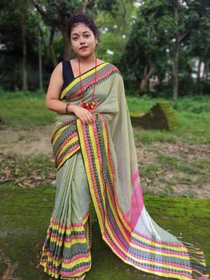 Exclusive Khadi Cotton Handloom Jamdani Broad Border Striped Pallu 2