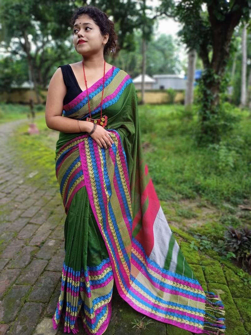 Exclusive Khadi Cotton Handloom Jamdani Broad Border Striped Pallu