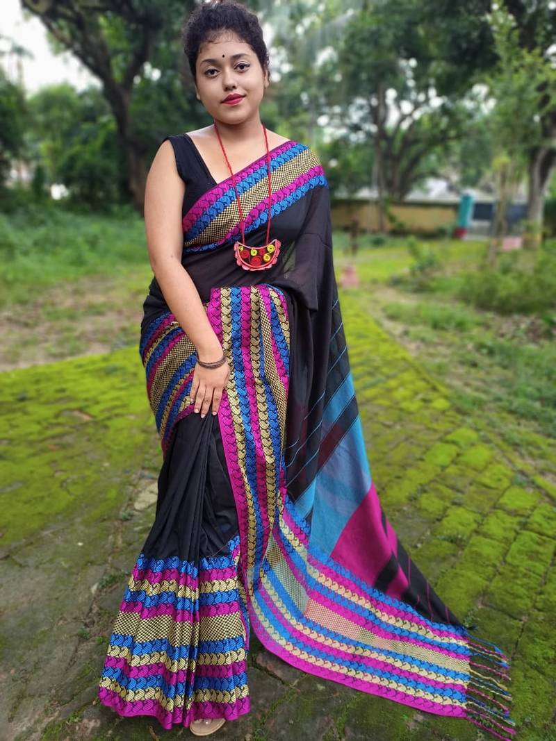 Exclusive Khadi Cotton Handloom Jamdani Broad Border Striped Pallu