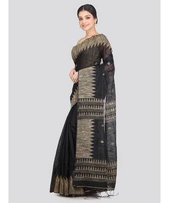 Women's black cotton silk handloom sarees With Blouse 2