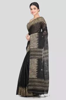 Women's black cotton silk handloom sarees With Blouse