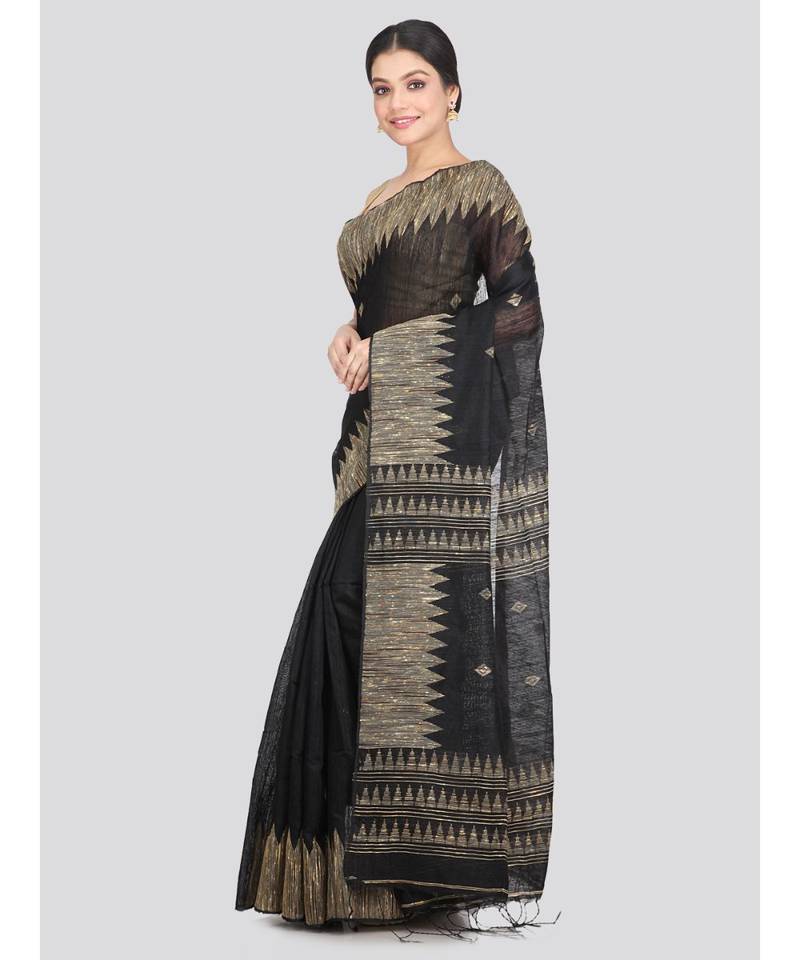 Women's black cotton silk handloom sarees With Blouse