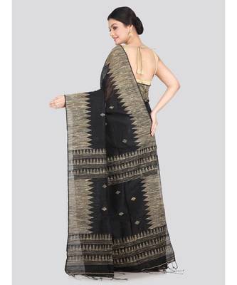 Women's black cotton silk handloom sarees With Blouse 3