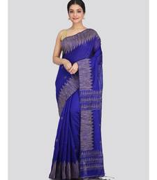 Women's blue cotton silk handloom sarees With Blouse