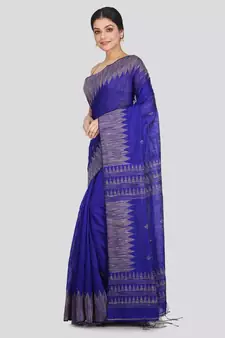 Women's blue cotton silk handloom sarees With Blouse