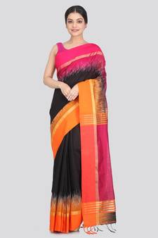 Women's black cotton silk handloom sarees With Blouse