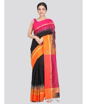 Women's black cotton silk handloom sarees With Blouse 1