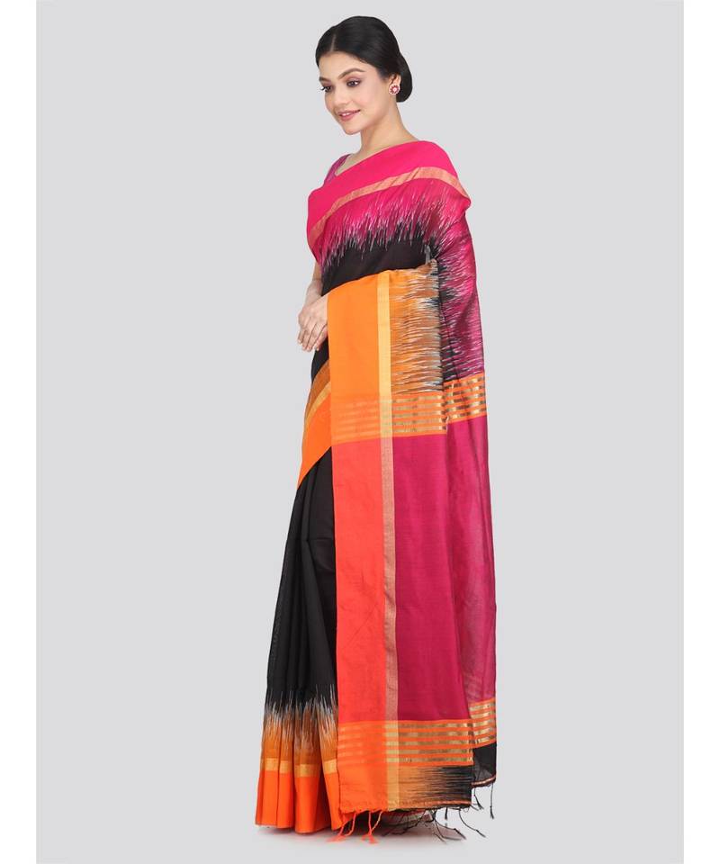 Women's black cotton silk handloom sarees With Blouse