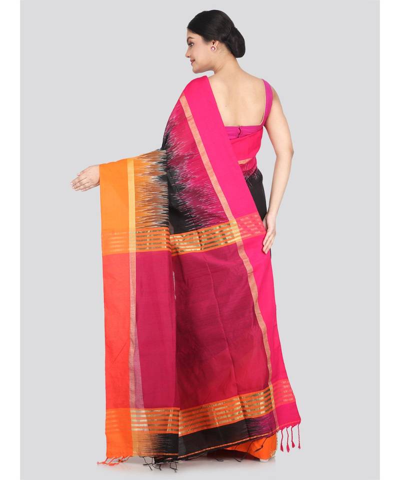Women's black cotton silk handloom sarees With Blouse
