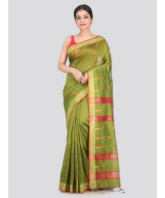 Women's green cotton silk handloom sarees With Blouse 1