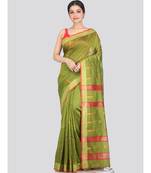 Women's green cotton silk handloom sarees With Blouse