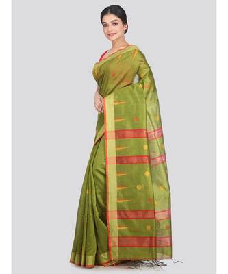 Women's green cotton silk handloom sarees With Blouse 2