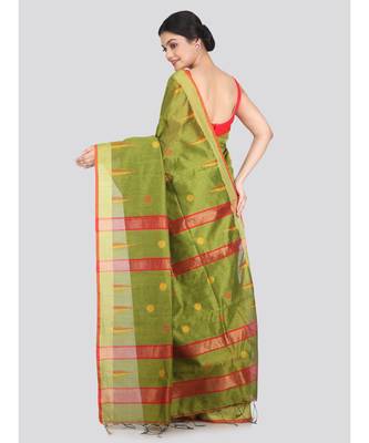 Women's green cotton silk handloom sarees With Blouse 3