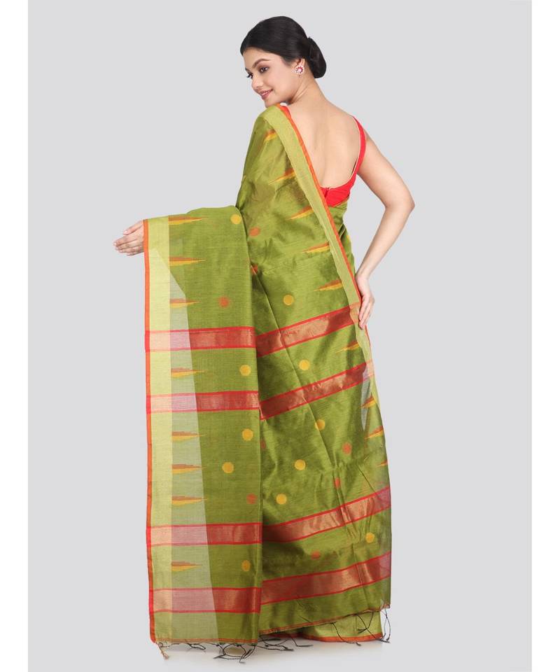 Women's green cotton silk handloom sarees With Blouse