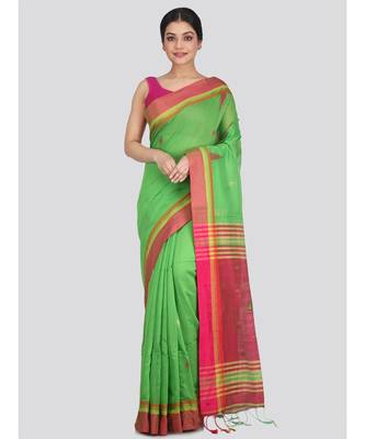 Women's green cotton silk handloom sarees With Blouse 1
