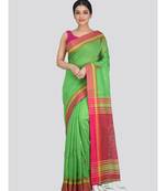 Women's green cotton silk handloom sarees With Blouse