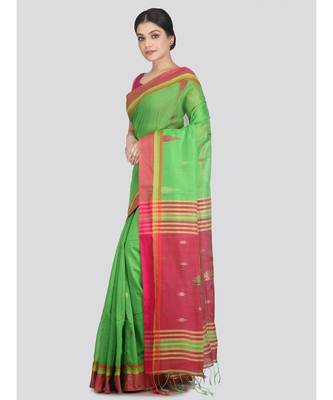 Women's green cotton silk handloom sarees With Blouse 2