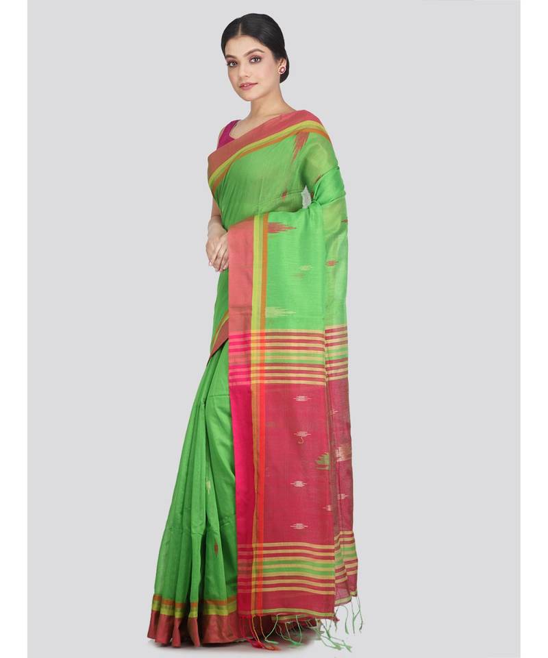 Women's green cotton silk handloom sarees With Blouse