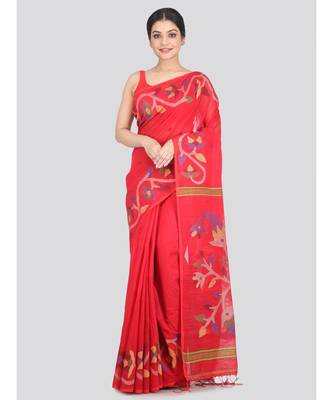 Women's red cotton silk handloom sarees With Blouse 1