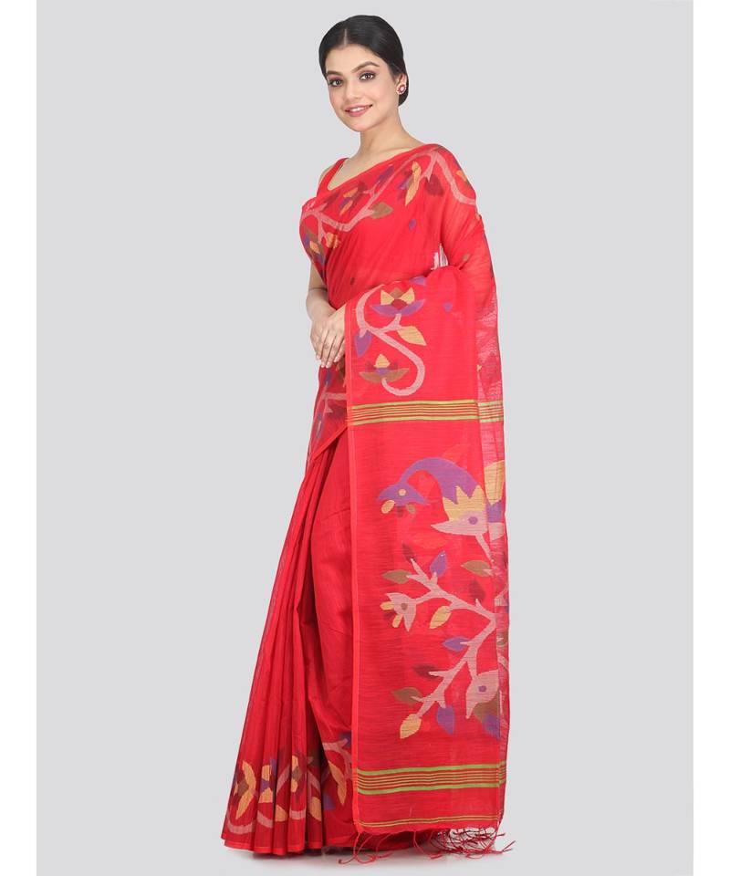 Women's red cotton silk handloom sarees With Blouse