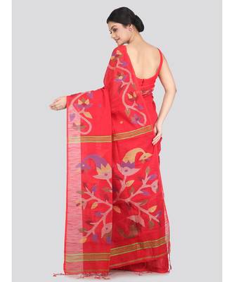Women's red cotton silk handloom sarees With Blouse 3