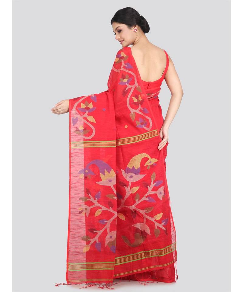 Women's red cotton silk handloom sarees With Blouse