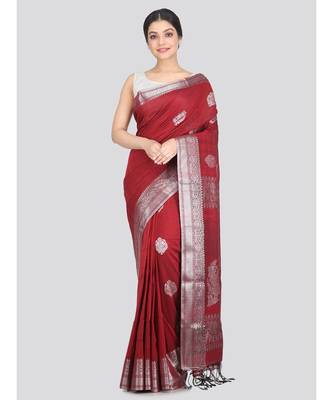 Women's maroon pure cotton handloom sarees With Blouse 1