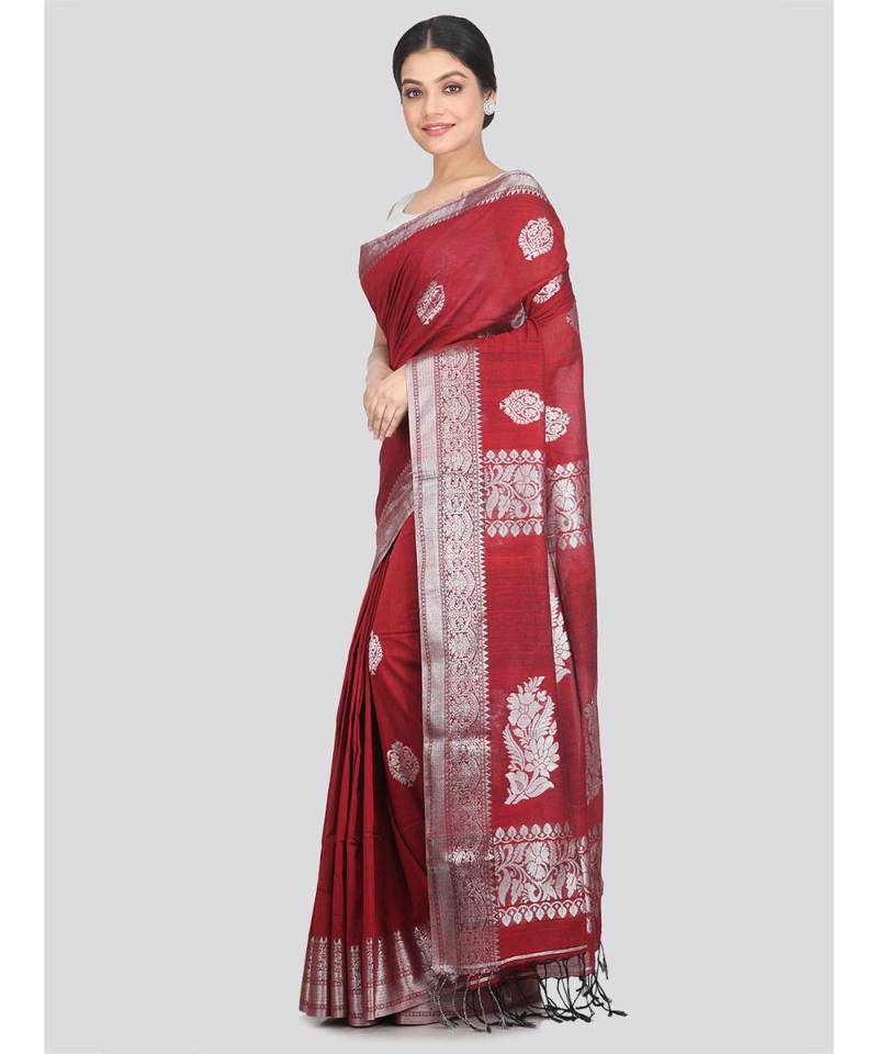 Women's maroon pure cotton handloom sarees With Blouse