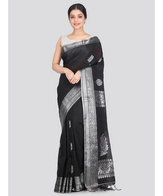 Women's black pure cotton handloom sarees With Blouse 1