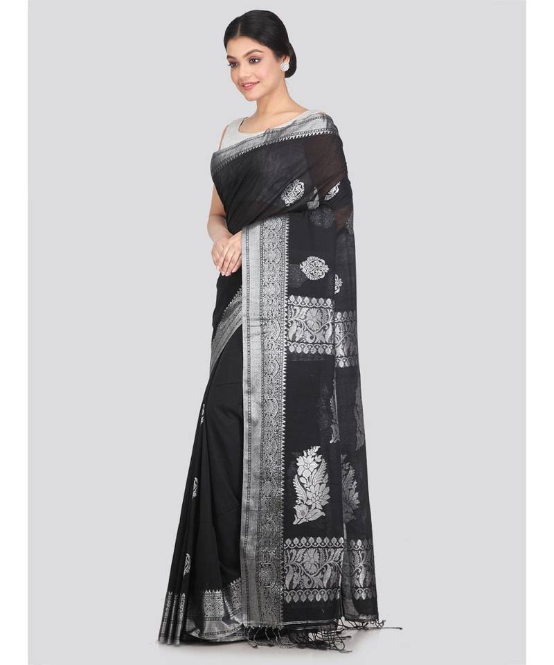 Women's black pure cotton handloom sarees With Blouse