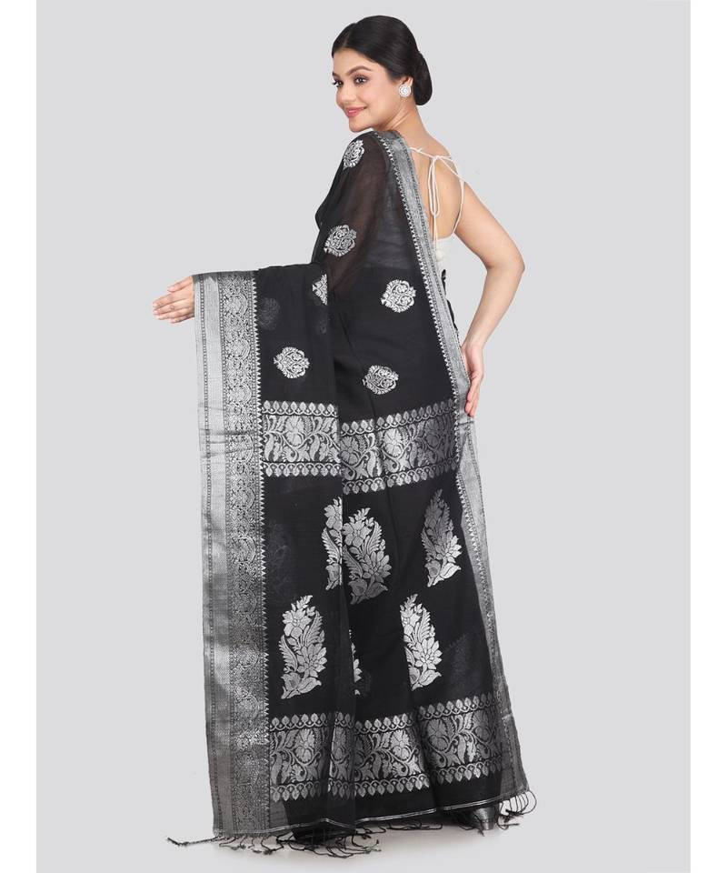 Women's black pure cotton handloom sarees With Blouse