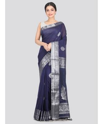 Women's navy blue pure cotton handloom sarees With Blouse 1