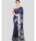 Women's navy blue pure cotton handloom sarees With Blouse
