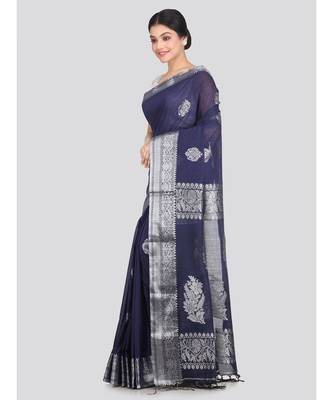 Women's navy blue pure cotton handloom sarees With Blouse 2