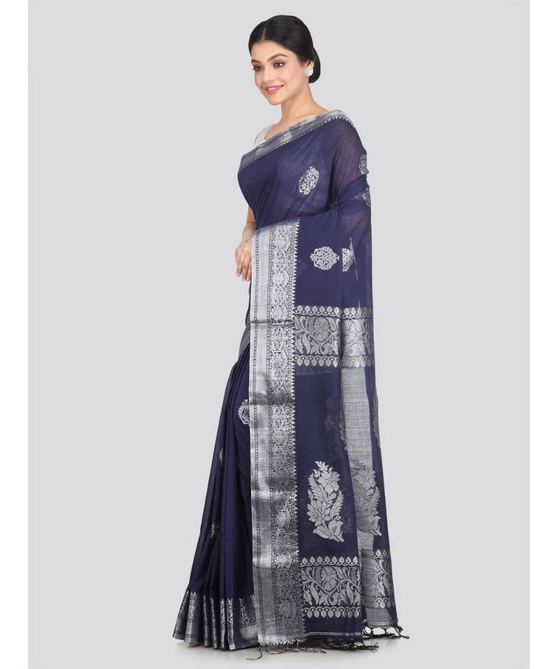Women's navy blue pure cotton handloom sarees With Blouse