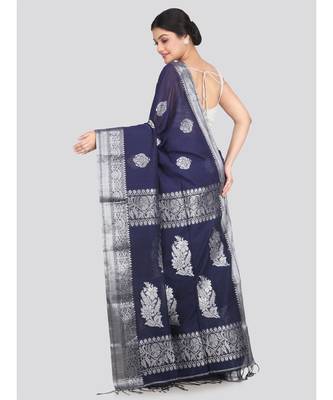 Women's navy blue pure cotton handloom sarees With Blouse 3