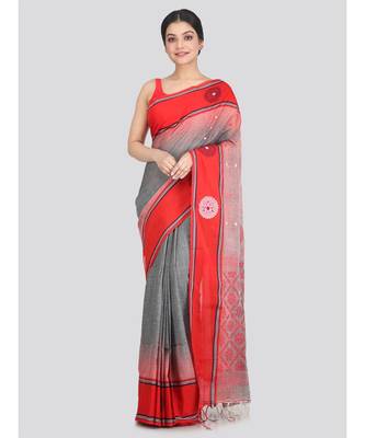Women's grey pure cotton handloom sarees With Blouse 1