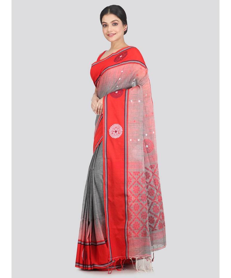 Women's grey pure cotton handloom sarees With Blouse