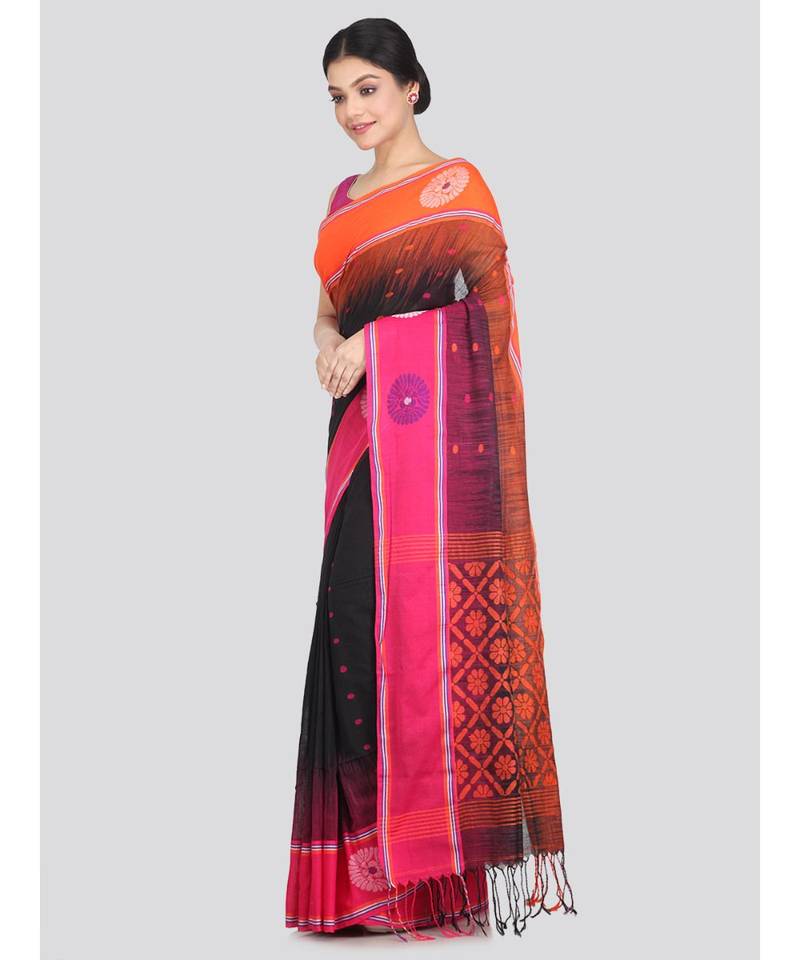 Women's black pure cotton handloom sarees With Blouse