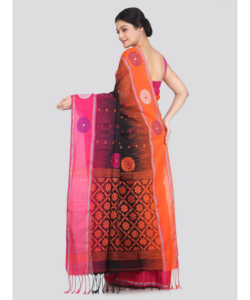 Women's black pure cotton handloom sarees With Blouse