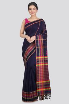 Women's blue pure cotton handloom sarees With Blouse