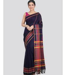 Women's blue pure cotton handloom sarees With Blouse