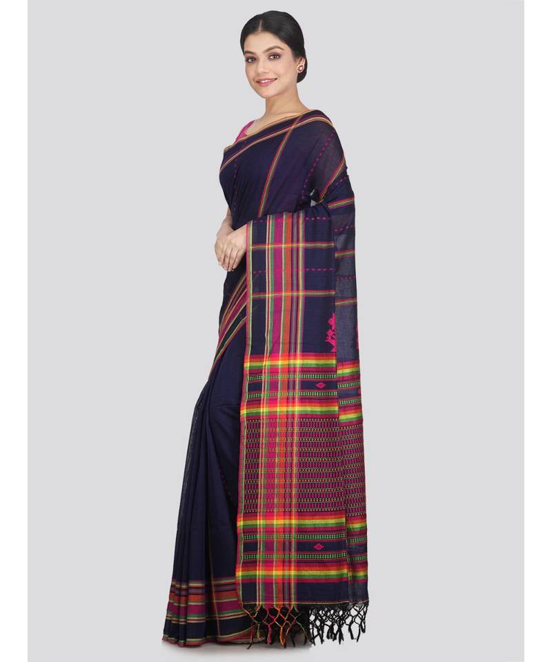 Women's blue pure cotton handloom sarees With Blouse